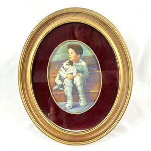 Vintage Oval Gold Tone Easel Back Frame Velvet Mat Boy & His Dog Print 12”